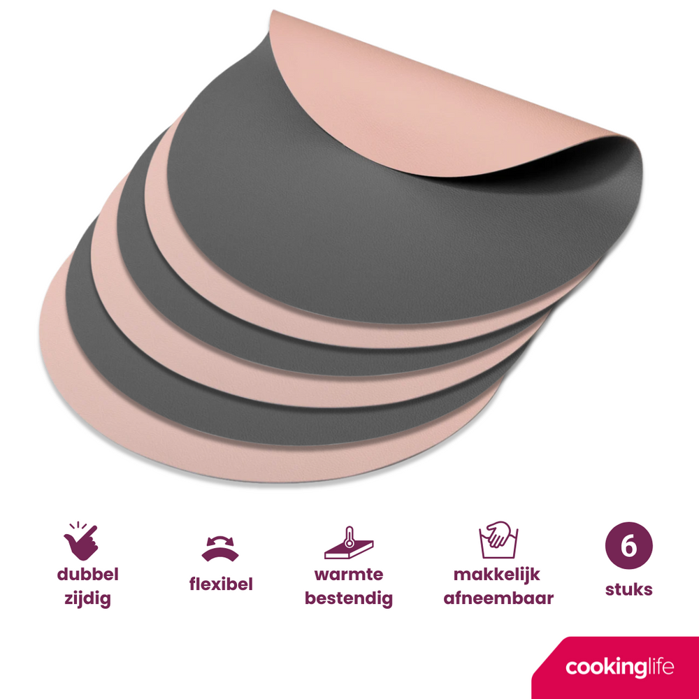 Cookinglife Placemats - Dobbelt så meget - Vegansk læder - Grå / Rosa ø 38 cm - 6 Stykker