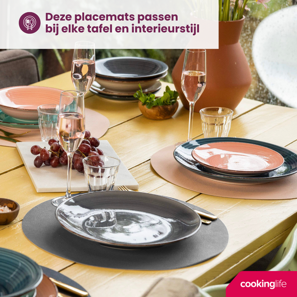 Cookinglife Placemats - Dobbelt så meget - Vegansk læder - Grå / Rosa ø 38 cm - 6 Stykker