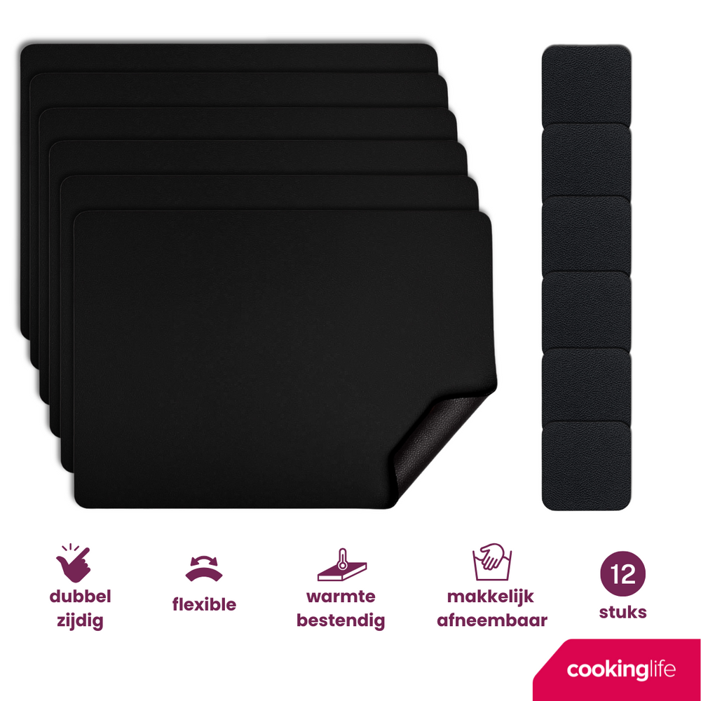 Cookinglife 6 Placemats + 6 Underlag - Vegan læder - Sort