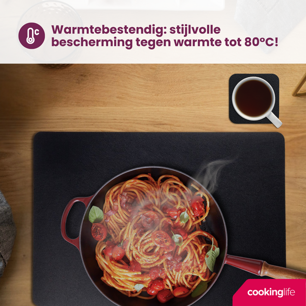 Cookinglife 6 Placemats + 6 Underlag - Vegan læder - Sort
