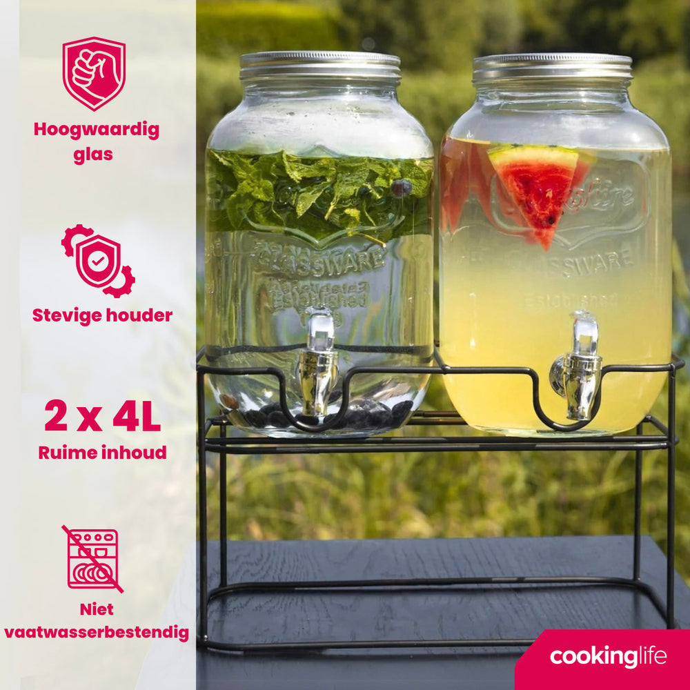 Cookinglife Dubbele Drankdispenser - med holder - 2 x 4 liter