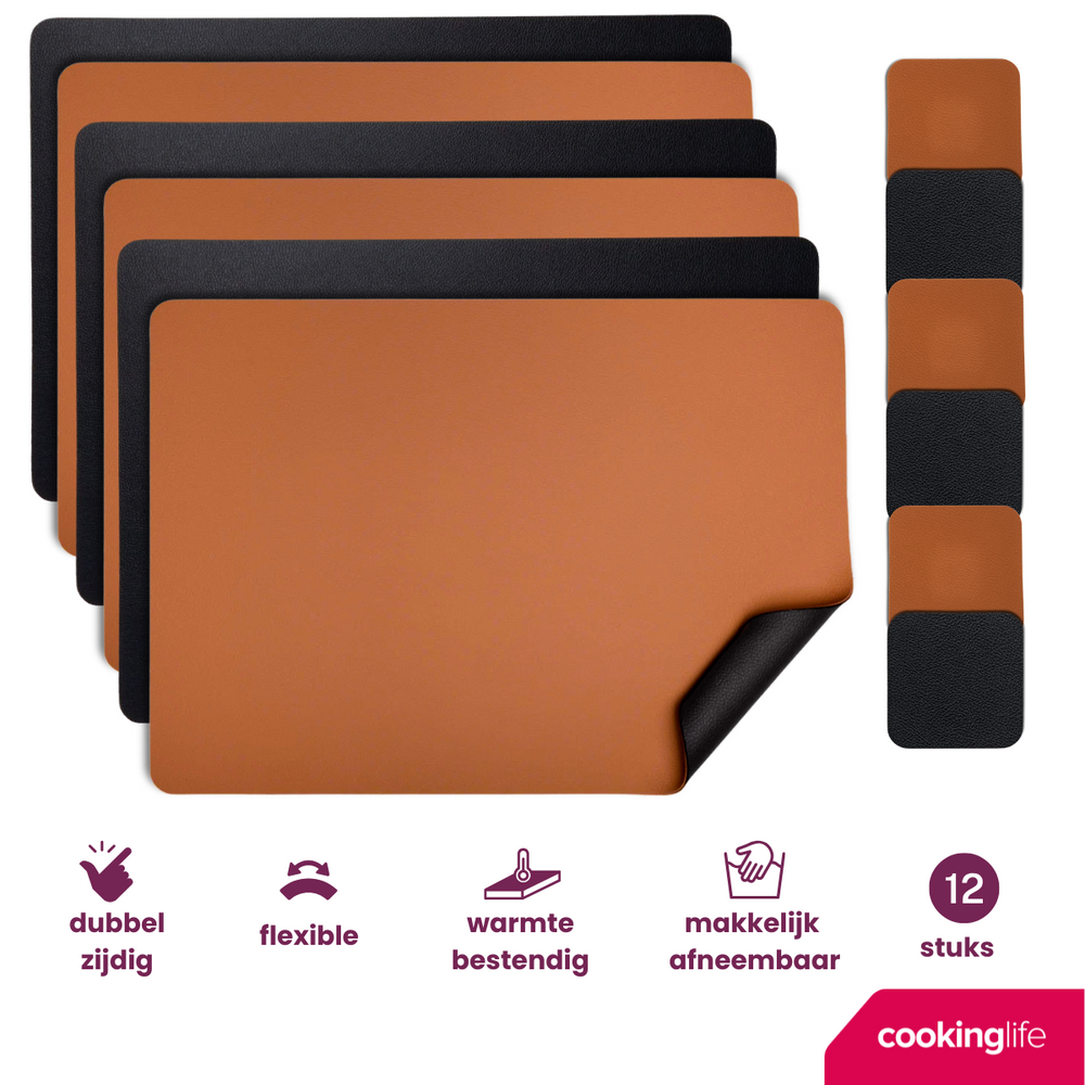 Cookinglife 6 Placemats + 6 Underlag - Dobbelt så meget - Vegansk læder - Sort / Cognac