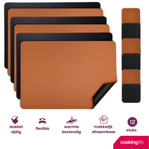 Cookinglife 6 Placemats + 6 Underlag - Dobbelt så meget - Vegansk læder - Sort / Cognac