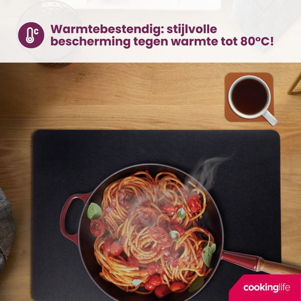 Cookinglife 6 Placemats + 6 Underlag - Dobbelt så meget - Vegansk læder - Sort / Cognac