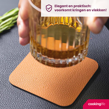 Cookinglife 6 Placemats + 6 Underlag - Dobbelt så meget - Vegansk læder - Sort / Cognac