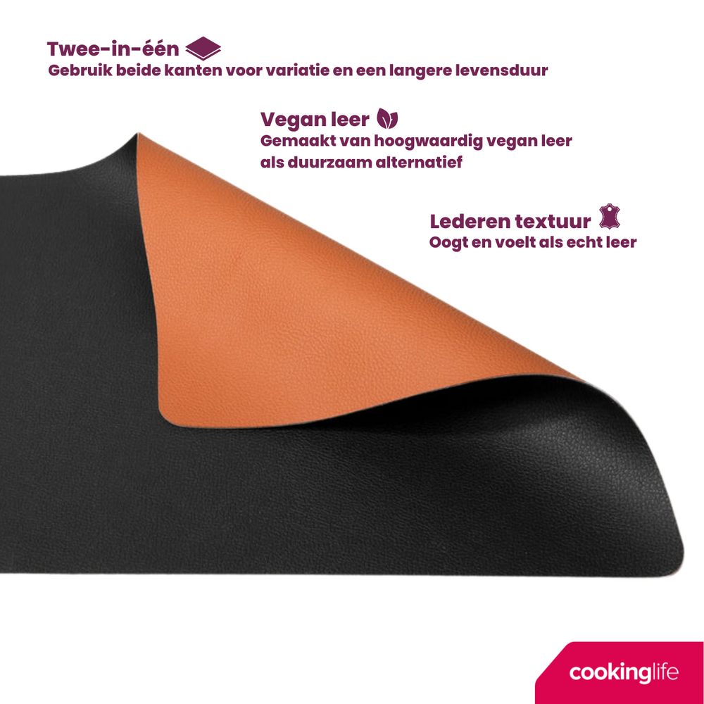 Cookinglife 6 Placemats + 6 Underlag - Dobbelt så meget - Vegansk læder - Sort / Cognac