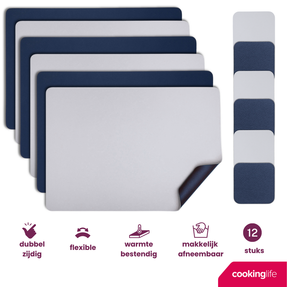 Cookinglife 6 Placemats + 6 Underlag - Dobbelt så meget - Vegansk læder - Blå / Grå