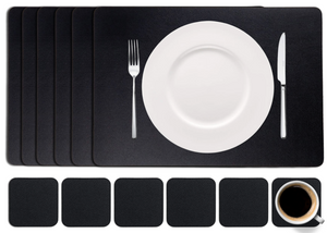 Cookinglife 6 Placemats + 6 Underlag - Vegan læder - Sort