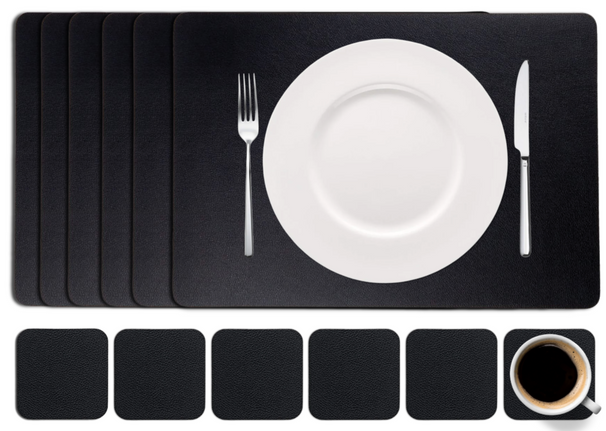 Cookinglife 6 Placemats + 6 Underlag - Vegan læder - Sort