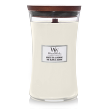 WoodWick Geurkaars Large White Tea & Jasmine - 18 cm / ø 10 cm - Geurkaars i Glas - Houten Lont