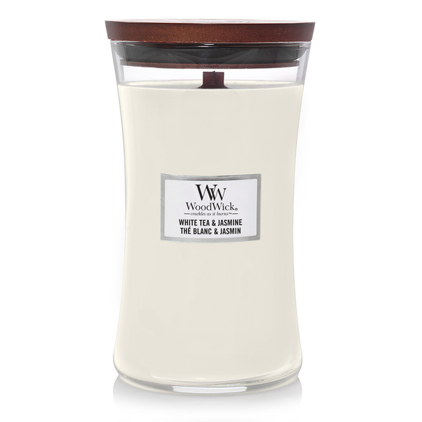 WoodWick Geurkaars Large White Tea & Jasmine - 18 cm / ø 10 cm - Geurkaars i Glas - Houten Lont