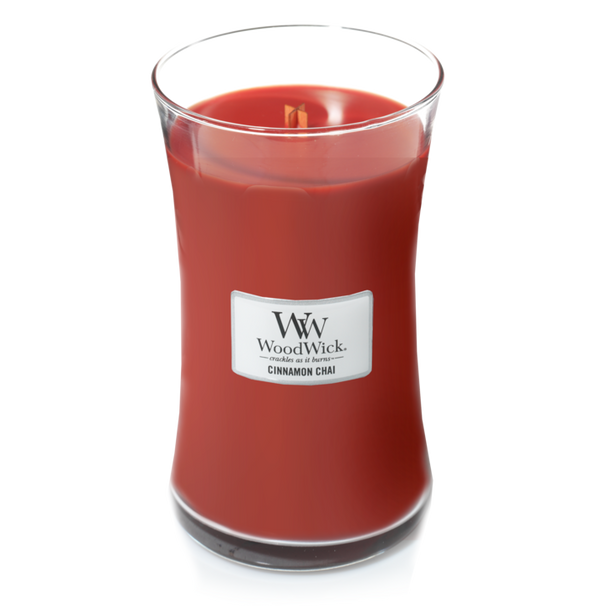 WoodWick Geurkaars Large Cinnamon Chai - 18 cm / ø 10 cm - Geurkaars i Glas - Houten Lont