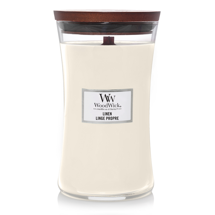 WoodWick Geurkaars Large Linen - 18 cm / ø 10 cm - Geurkaars i Glas - Houten Lont