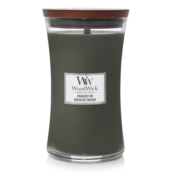 WoodWick Duftlys Large Frasier Fir - 18 cm / ø 10 cm - Duftlys i Glas - Trævæge