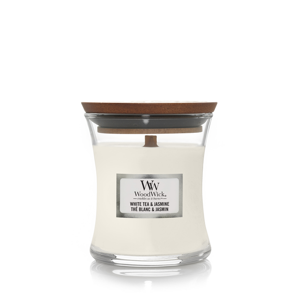WoodWick Geurkaars Mini White Tea & Jasmine - 8 cm / ø 7 cm - Geurkaars i Glas - Houten Lont