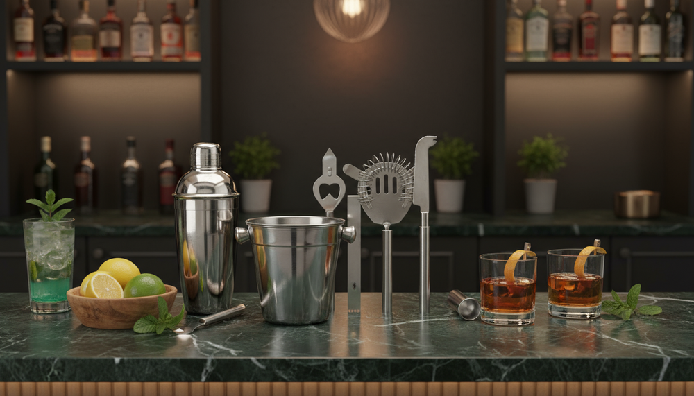 Cookinglife Barset RVS 6-Delig - Cocktailshaker, Ijsemmer, Zeef, Flesopener, Tang og Mes