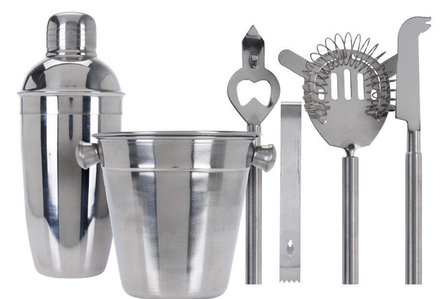 Cookinglife Barset RVS 6-Delig - Cocktailshaker, Ijsemmer, Zeef, Flesopener, Tang og Mes