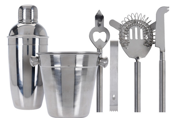 Cookinglife Barset RVS 6-Delig - Cocktailshaker, Ijsemmer, Zeef, Flesopener, Tang og Mes