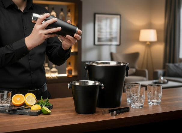 Cookinglife Barset Zwart 4-Delig - Cocktailshaker, Champagnekoeler, Ijsemmer og Tang