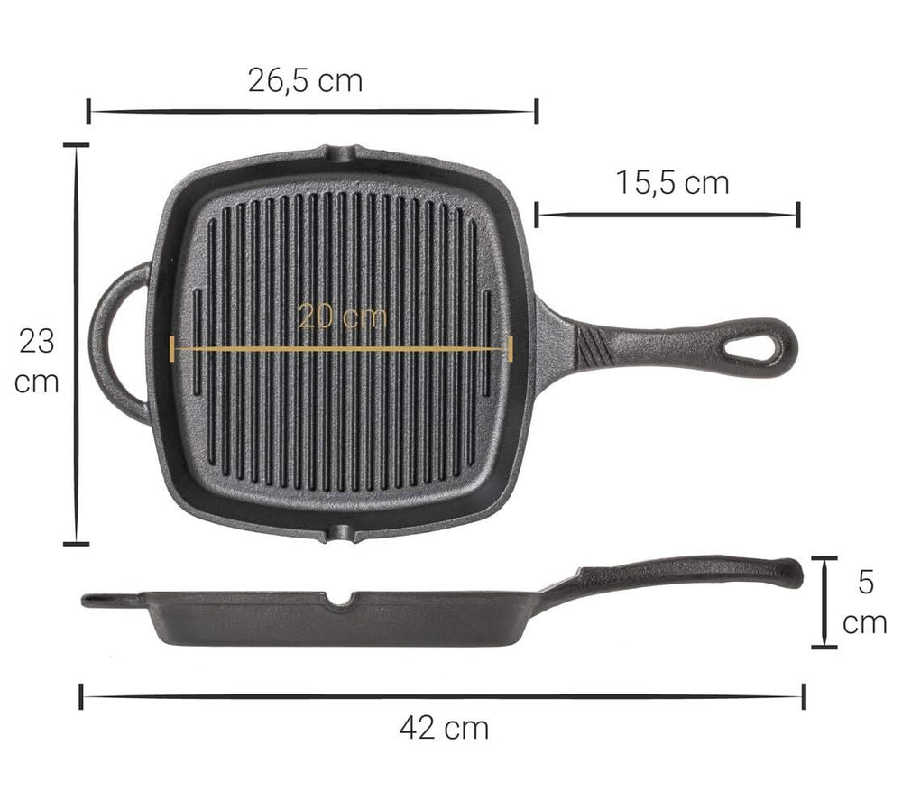 Blackwell Pannenset Gietijzer 2-Delig Koekenpan ø 25 cm & Grillpan 23 x 23 cm - egnet til alle varmekilder - uden non-stick belægning