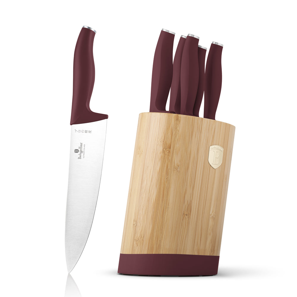 BerlingerHaus Knivblok Mat Bordeaux Rund 6-delt - Kokkekniv, Brødkniv, Santokukniv, Skærekkniv & Skrællekniv