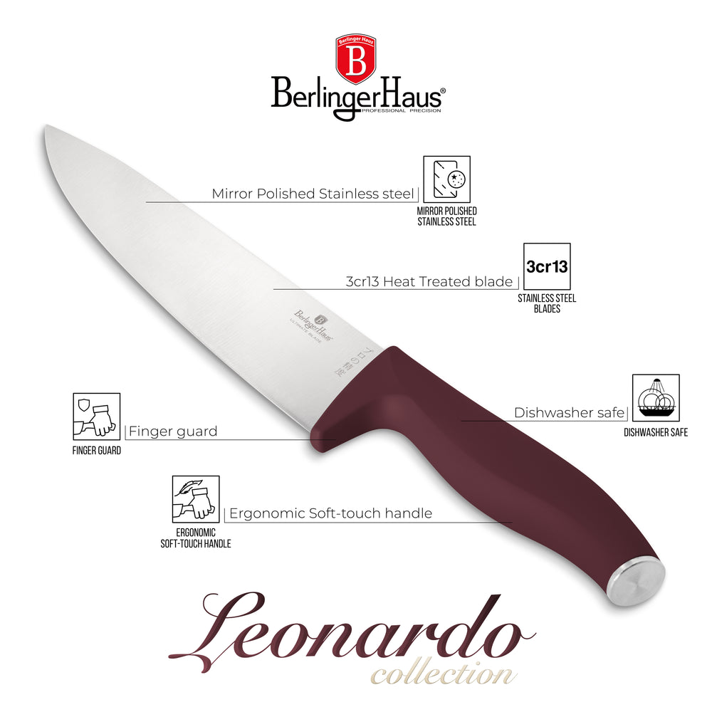 BerlingerHaus Knivblok Mat Bordeaux Rund 6-delt - Kokkekniv, Brødkniv, Santokukniv, Skærekkniv & Skrællekniv
