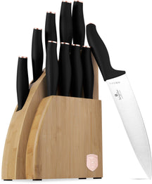 BerlingerHaus Knivblok Sort Roséguld 10-delt - Kokkekniv, Brødkniv, Santokukniv, Skærekniv, Skrællekniv & 4 Steakknive