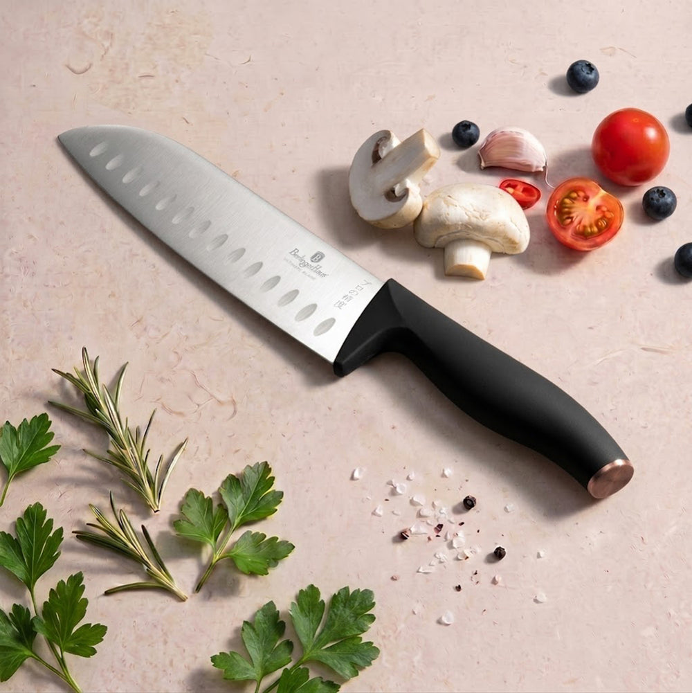 BerlingerHaus Knivblok Sort Roséguld 10-delt - Kokkekniv, Brødkniv, Santokukniv, Skærekniv, Skrællekniv & 4 Steakknive