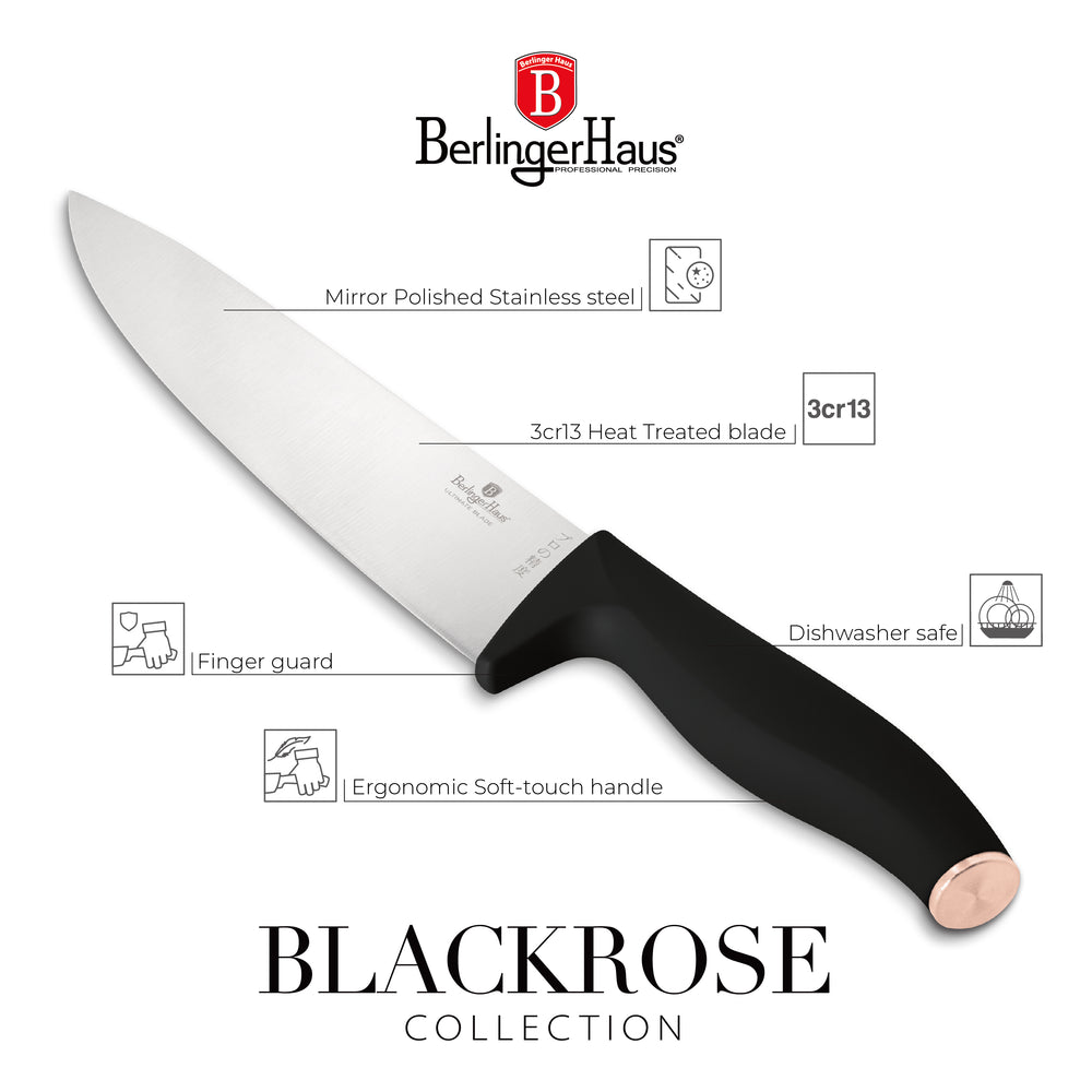 BerlingerHaus Knivblok Sort Roséguld 10-delt - Kokkekniv, Brødkniv, Santokukniv, Skærekniv, Skrællekniv & 4 Steakknive