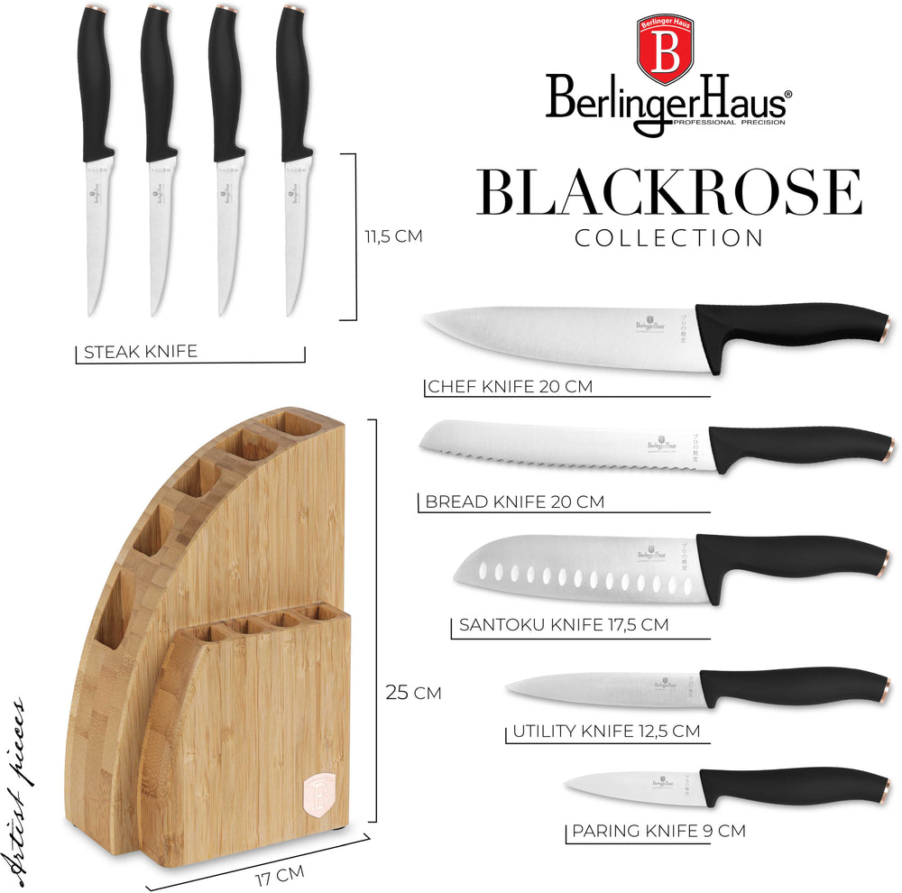 BerlingerHaus Knivblok Sort Roséguld 10-delt - Kokkekniv, Brødkniv, Santokukniv, Skærekniv, Skrællekniv & 4 Steakknive