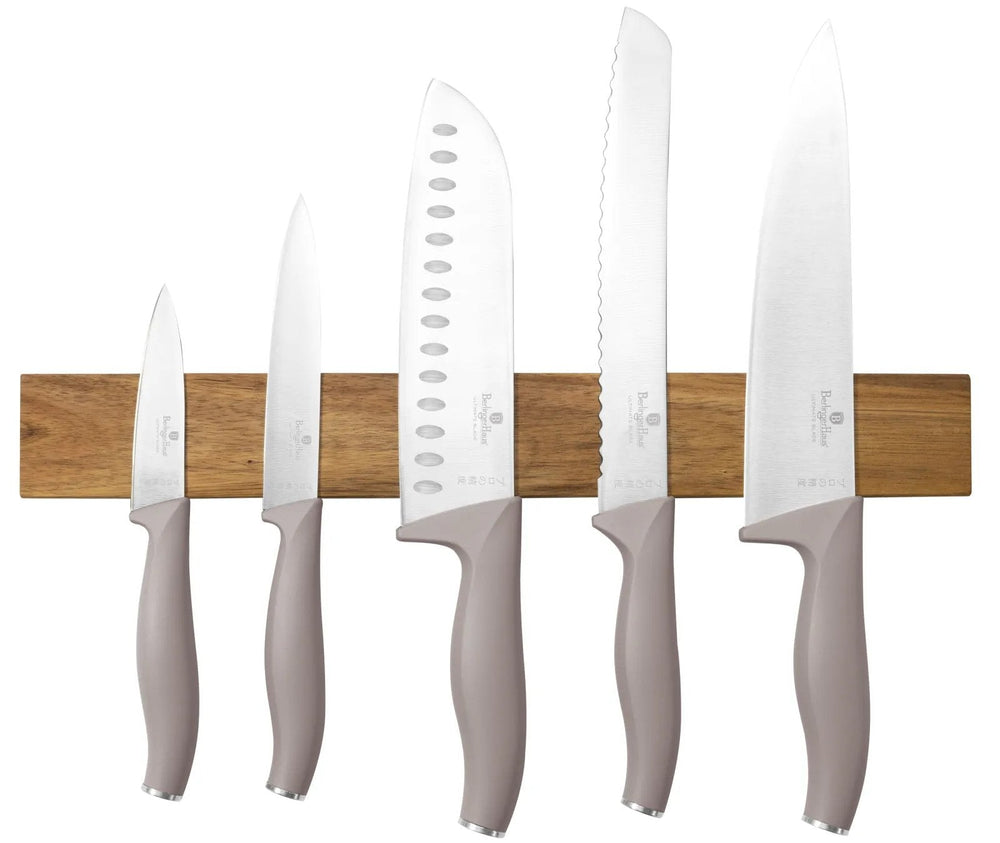 BerlingerHaus Knivssæt med Knivmagnetstribe Akacietræ Taupe - 6-delt - Kokkekniv, Brødkniv, Santokukniv, Kontorkniv & Skrællekniv