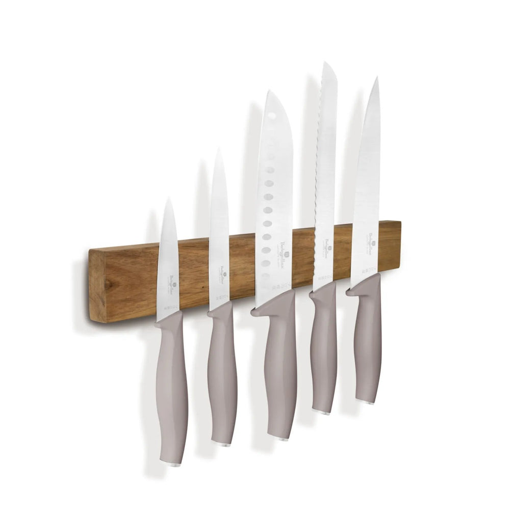 BerlingerHaus Knivssæt med Knivmagnetstribe Akacietræ Taupe - 6-delt - Kokkekniv, Brødkniv, Santokukniv, Kontorkniv & Skrællekniv