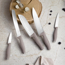 BerlingerHaus Knivssæt med Knivmagnetstribe Akacietræ Taupe - 6-delt - Kokkekniv, Brødkniv, Santokukniv, Kontorkniv & Skrællekniv