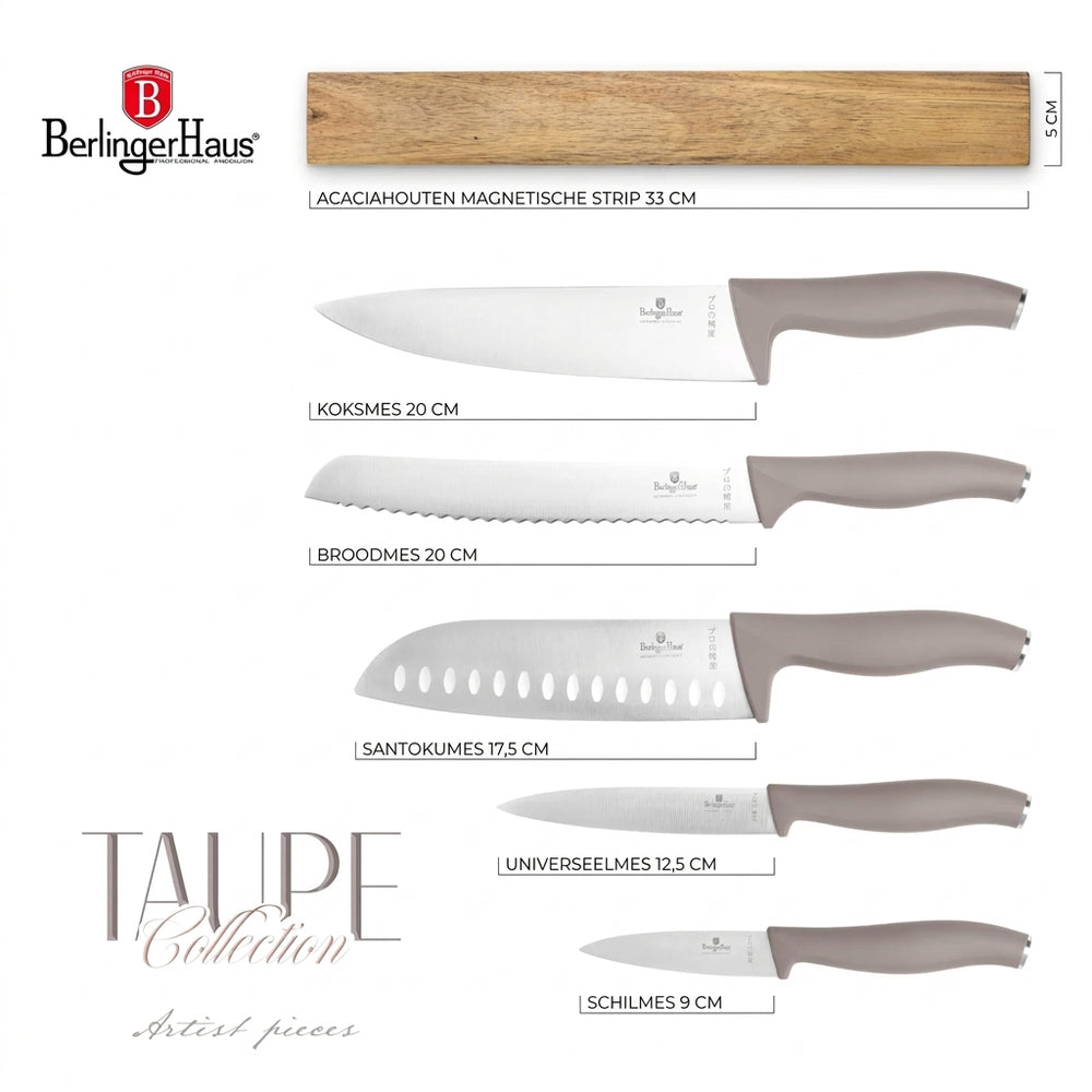 BerlingerHaus Knivssæt med Knivmagnetstribe Akacietræ Taupe - 6-delt - Kokkekniv, Brødkniv, Santokukniv, Kontorkniv & Skrællekniv