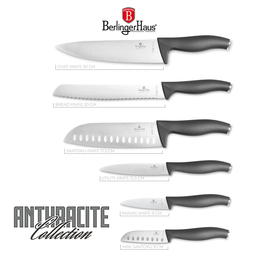 BerlingerHaus Knivsæt Mat Antracit 6-delt - Kokkekniv, Brødkniv, Santokukniv, Kontorkniv, Skærekkniv & Mini Santokukniv