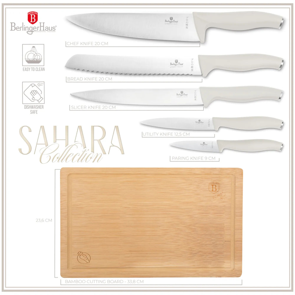 BerlingerHaus Knivsæt med Skærebræt Mat Creme 6-delt - Kokkekniv, Brødkniv, Kødkniv, Universalkniv & Skrællekniv
