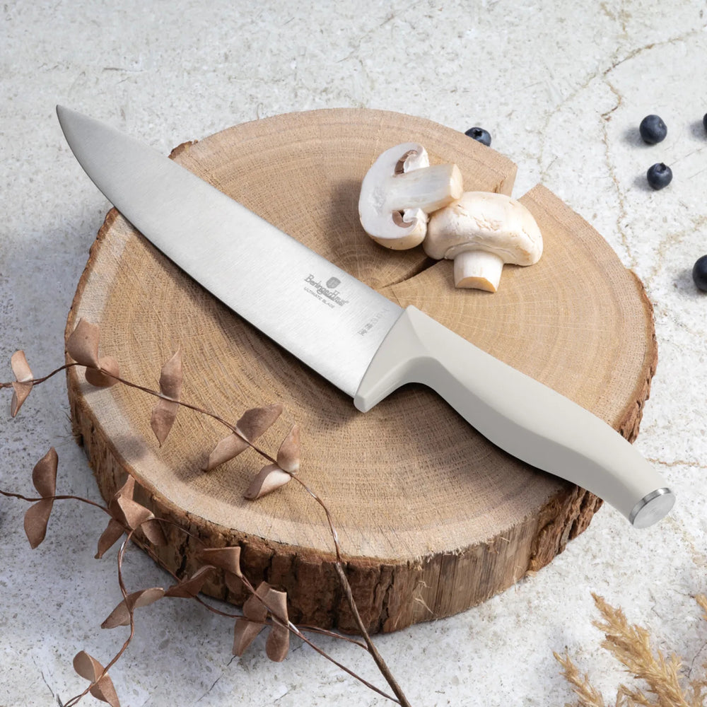 BerlingerHaus Knivsæt med Skærebræt Mat Creme 6-delt - Kokkekniv, Brødkniv, Kødkniv, Universalkniv & Skrællekniv
