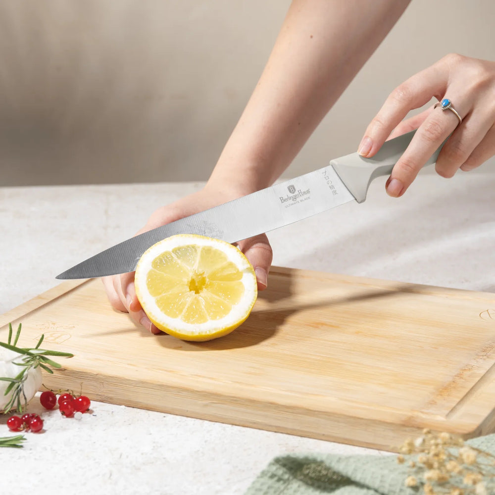 BerlingerHaus Knivsæt med Skærebræt Mat Creme 6-delt - Kokkekniv, Brødkniv, Kødkniv, Universalkniv & Skrællekniv