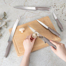 BerlingerHaus Knivsæt med Skærebræt Taupe 6-delt - Kokkekniv, Brødkniv, Kødkniv, Universalkniv & Skrællekniv