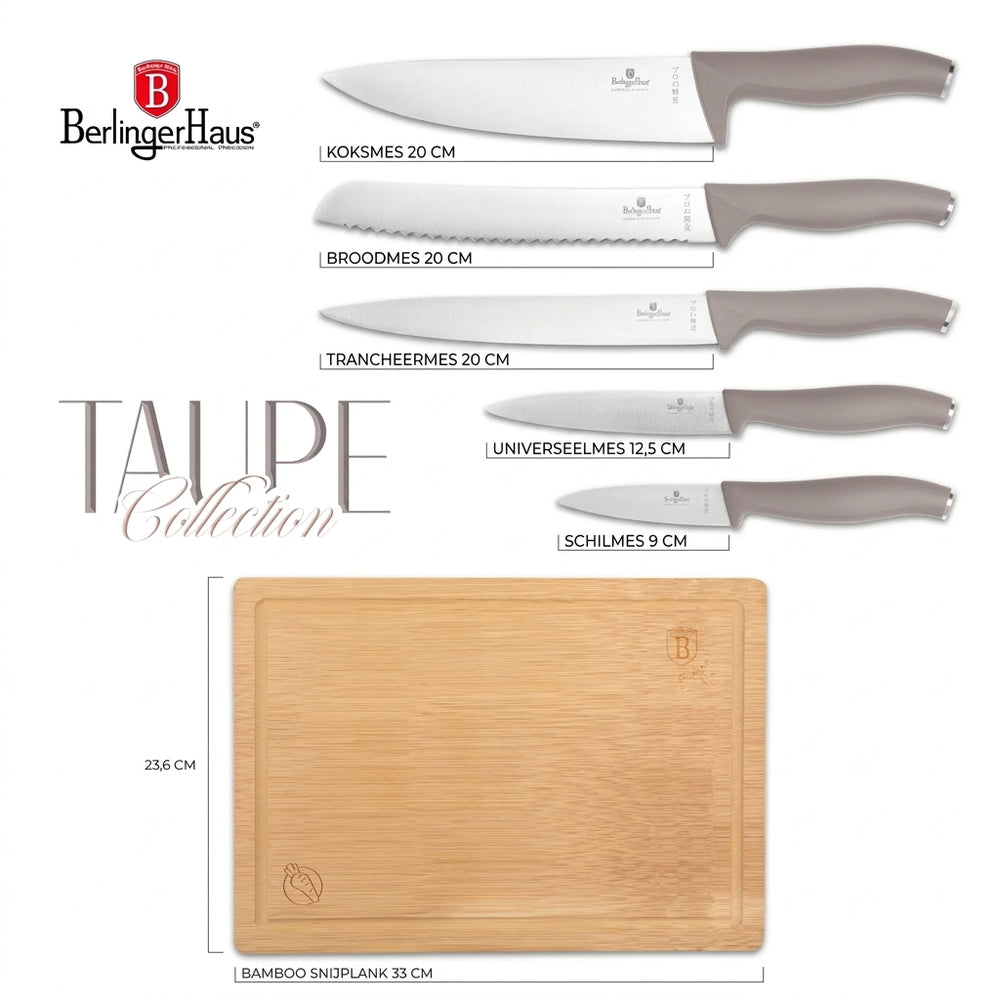 BerlingerHaus Knivsæt med Skærebræt Taupe 6-delt - Kokkekniv, Brødkniv, Kødkniv, Universalkniv & Skrællekniv