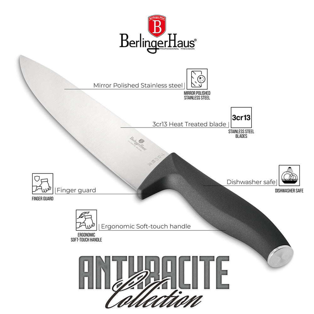 BerlingerHaus Knivblok Mat Antracit 6-delt - Kokkekniv, Brødkniv, Santokukniv, Skærekkniv & Skrællekniv