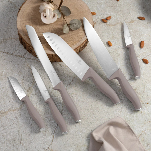 BerlingerHaus Knivblok Taupe 6-delt - Kokkekniv, Brødkniv, Santokukniv, Skærekkniv & Skrækniv