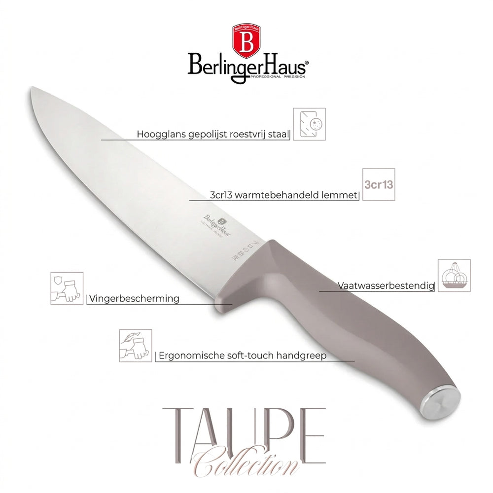 BerlingerHaus Knivsæt med Skærebræt Taupe 6-delt - Kokkekniv, Brødkniv, Kødkniv, Universalkniv & Skrællekniv