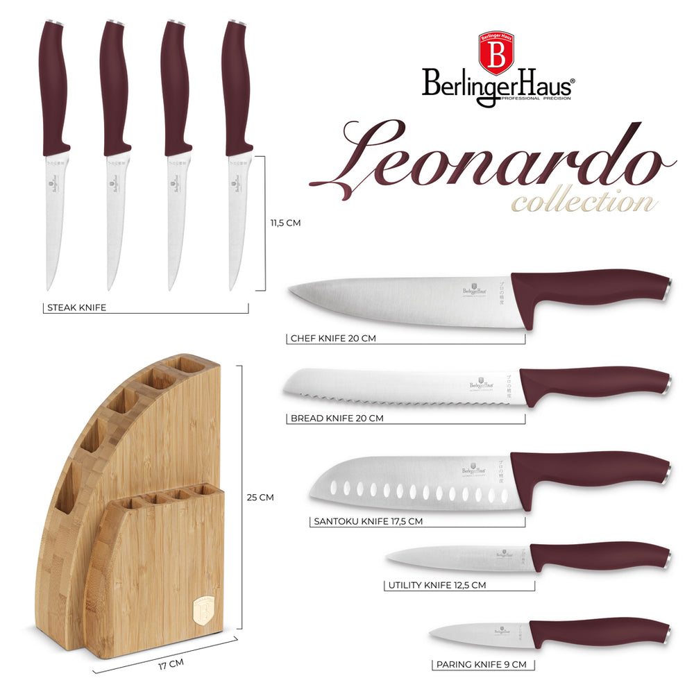 BerlingerHaus Knivblok Mat Bordeaux 10-delt - Kokkekniv, Brødkniv, Santokukniv, Skærekniv, Skrællekniv & 4 Steakknive