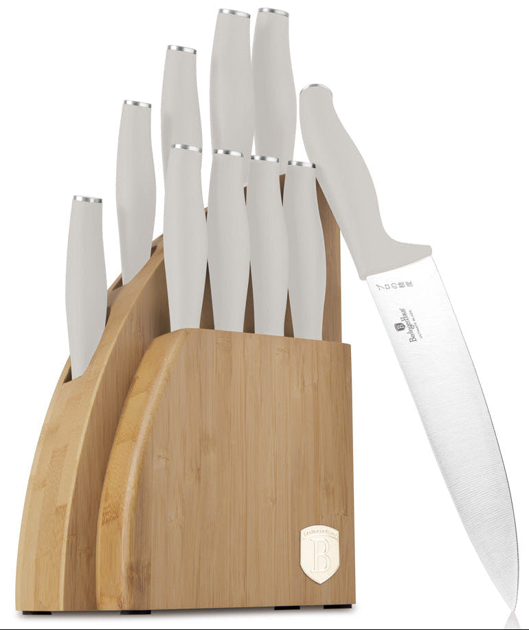 BerlingerHaus Knivblok Mat Creme 10-delt - Kokkekniv, Brødkniv, Santokukniv, Universalkniv, Skrellekniv & 4 Steakknive