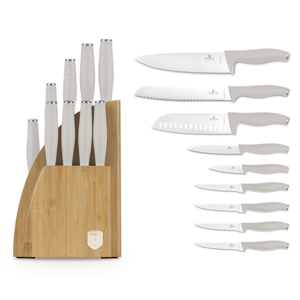 BerlingerHaus Knivblok Mat Creme 10-delt - Kokkekniv, Brødkniv, Santokukniv, Universalkniv, Skrellekniv & 4 Steakknive