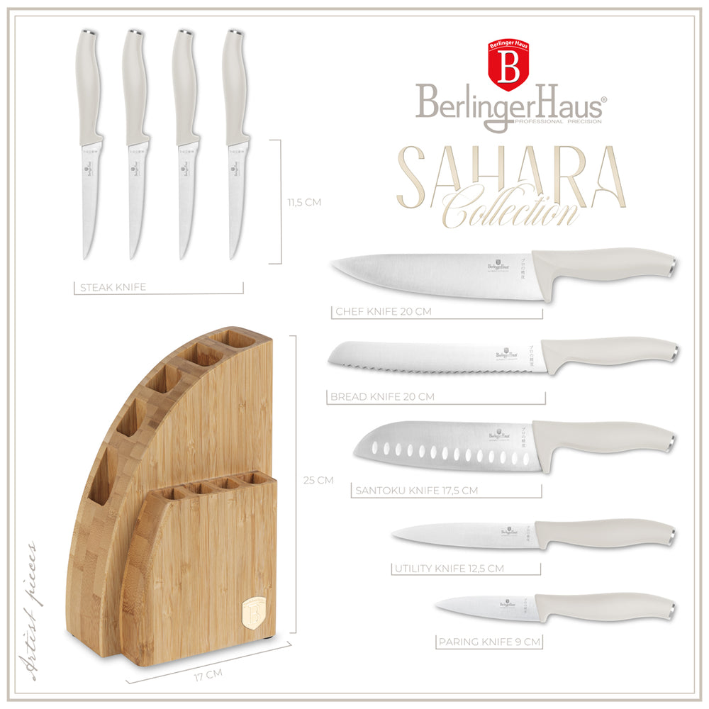 BerlingerHaus Knivblok Mat Creme 10-delt - Kokkekniv, Brødkniv, Santokukniv, Universalkniv, Skrellekniv & 4 Steakknive