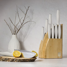 BerlingerHaus Knivblok Mat Creme 10-delt - Kokkekniv, Brødkniv, Santokukniv, Universalkniv, Skrellekniv & 4 Steakknive