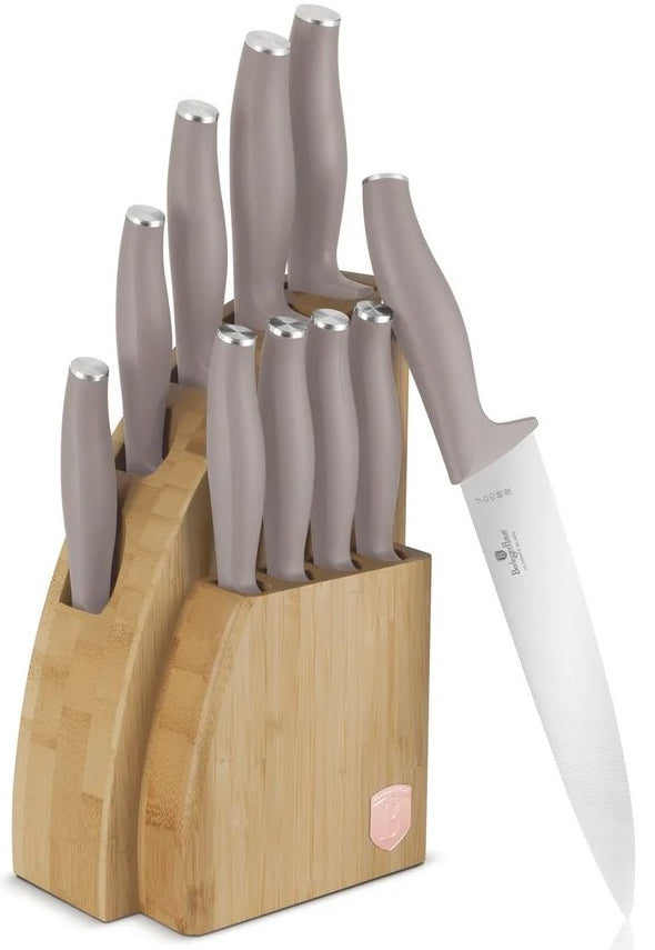 BerlingerHaus Knivblok Taupe 10-delt - Kokkekniv, Brødkniv, Santokukniv, Universalkniv, Skrellekniv & 4 Steakknive