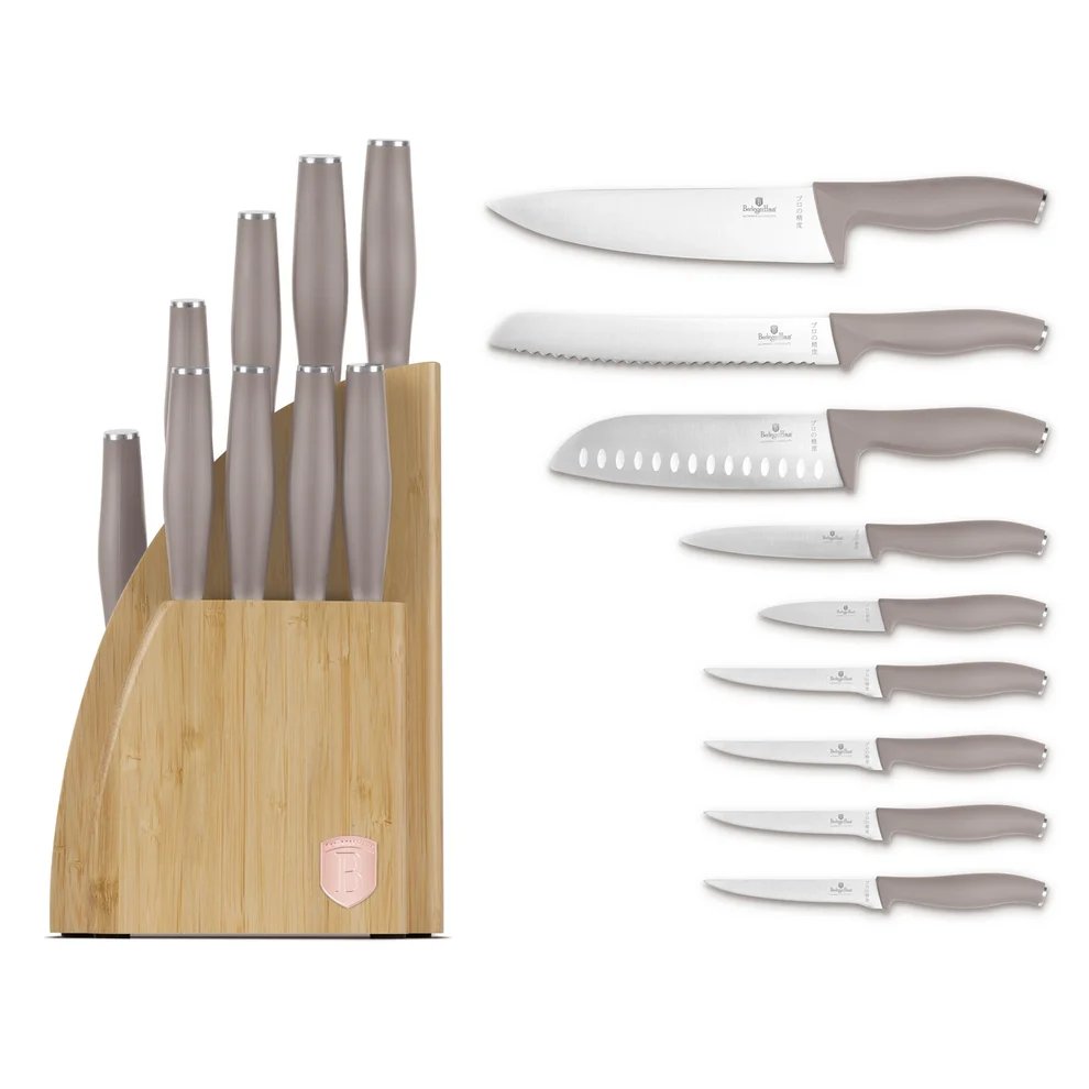 BerlingerHaus Knivblok Taupe 10-delt - Kokkekniv, Brødkniv, Santokukniv, Universalkniv, Skrellekniv & 4 Steakknive